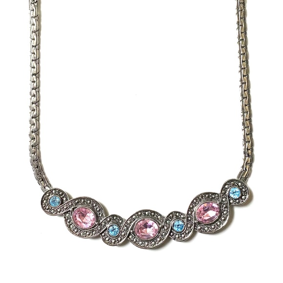 Silver Tone Multicolor Crystal Bib Necklace & Brooch - Picture 2 of 6